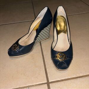 Michael Kors Rochelle Navy Blue Leather Peep Toe Striped Wedge Heel